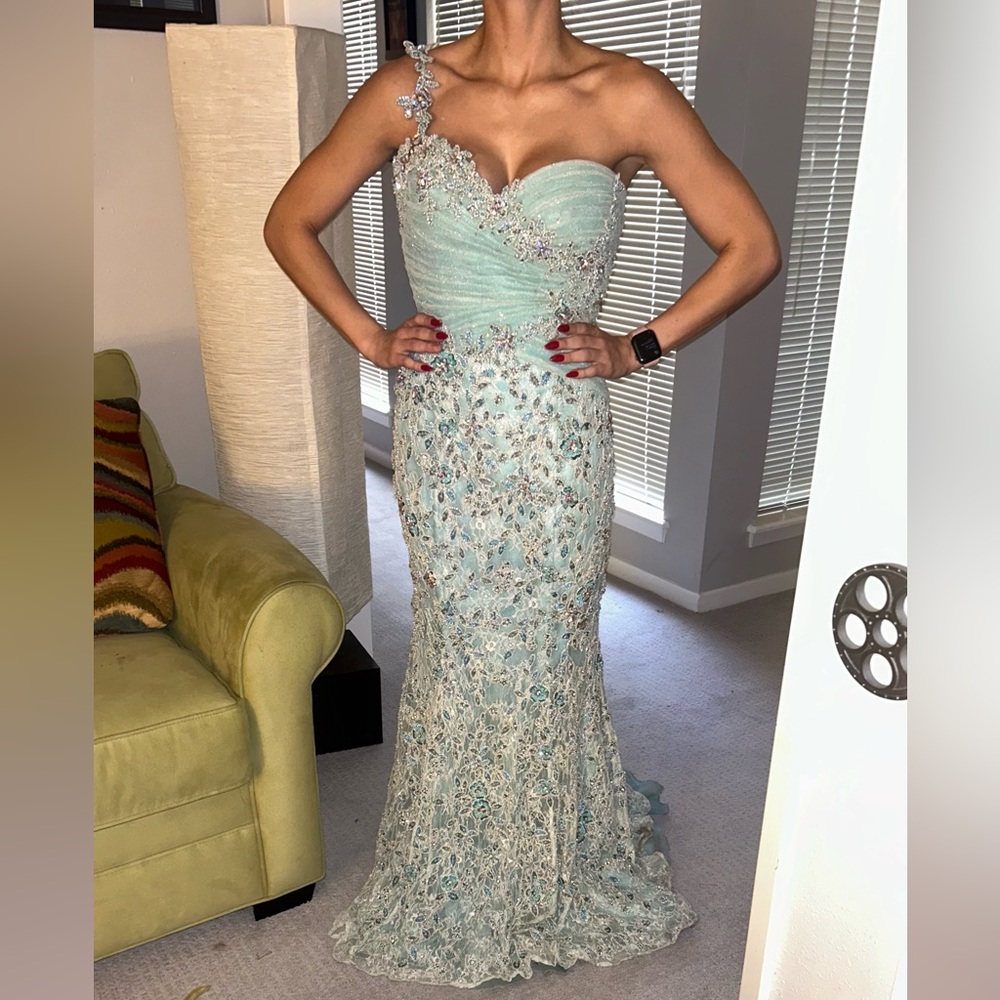 Custom mint green Stephen yearick pageant or prom beaded evening gown